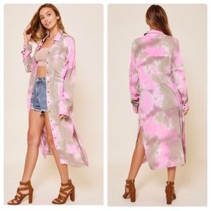 NEW Pink Tie Dye Maxi Length Button Up Shirt Dress size Large